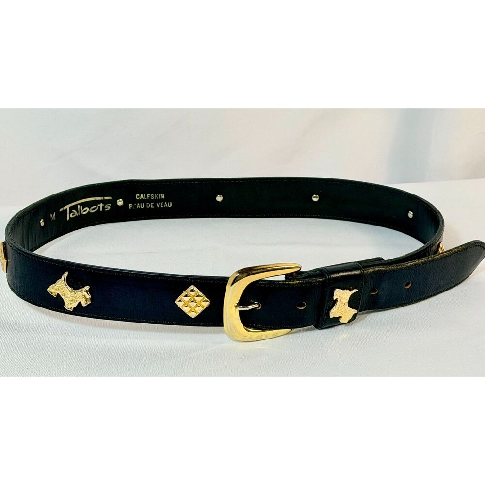 VTG Talbots Women Black Scottie Dog Calfskin Belt Gold Medium 1990s Preppy